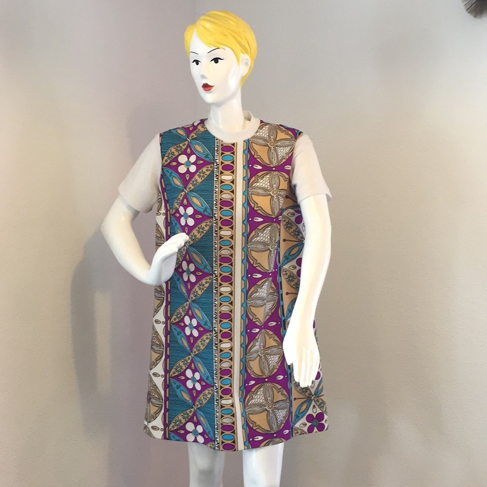 Vintage Polynesian Print Mod Mini Dress Purple